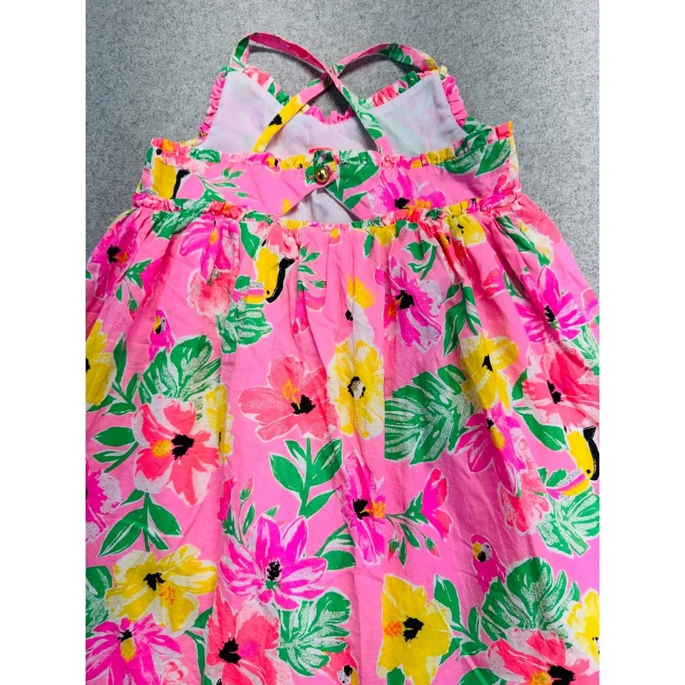 Tommy Bahama Tropical Floral Sundress Size 4 Pink Toucan Parrot Crochet Trim
